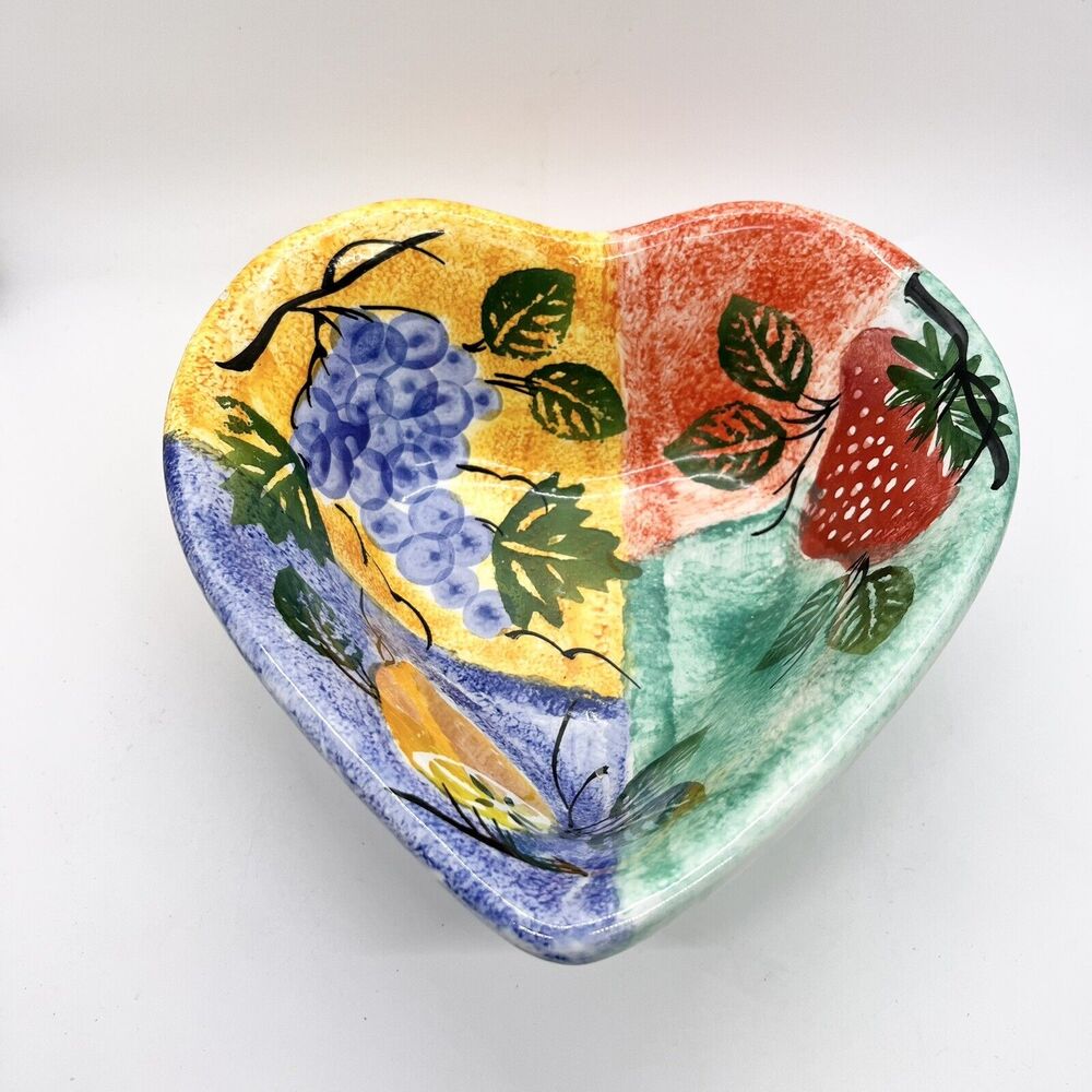 Ancora Heart Shaped Bowl Italian Hand Painted Fruit 7.25"x3" Fruit Cottage Art